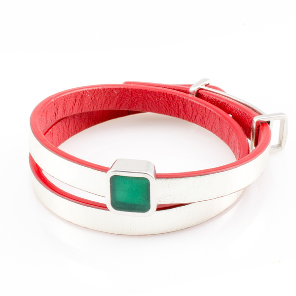 Female Leather Bracelet with Green Chalcedony Charm