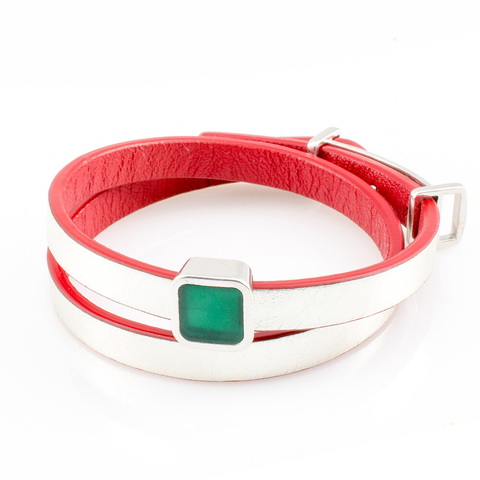 Female Leather Bracelet with Green Chalcedony Charm