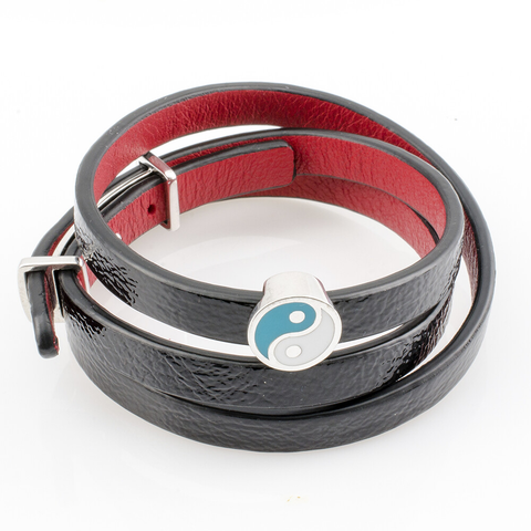 Female Leather Lacquer Bracelet with Blue Yin Yang Charm