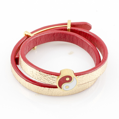 Female Golden Leather Bracelet with Red Yin Yang Charm