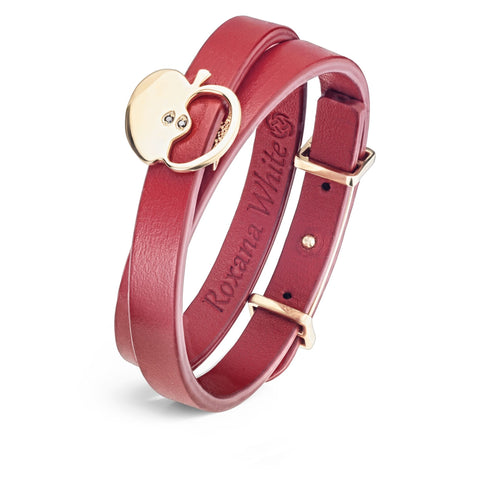 Red Women's Genuine Leather Bracelet Eden Apple Black Diamond Silver Charm Gold Plated | A03-RD2