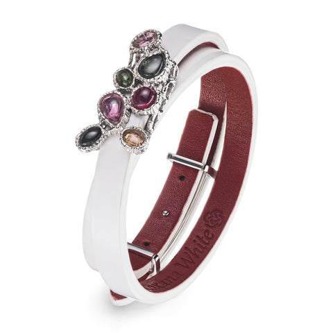 White Lacquered Genuine Leather Women's Bracelet with Tourmaline Petal Silver Charm | TP02-WTL2