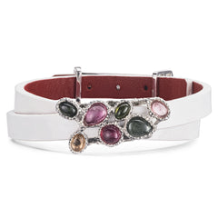 White Lacquered Genuine Leather Women's Bracelet with Tourmaline Petal Silver Charm | TP02-WTL2