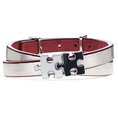 Silver Women's Genuine Leather Bracelet With White and Black Enamel Puzzle Charms | P03-07-SV2