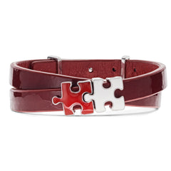 Red Lacquered Women's Genuine Leather Bracelet White And Red Puzzle Silver Charms | P07-06-RDL2