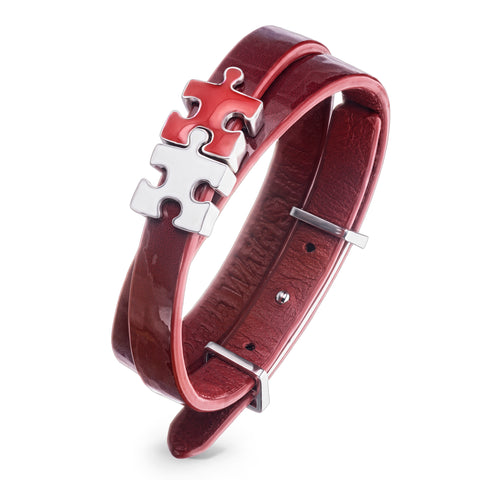 Red Lacquered Women's Genuine Leather Bracelet White And Red Puzzle Silver Charms | P07-06-RDL2