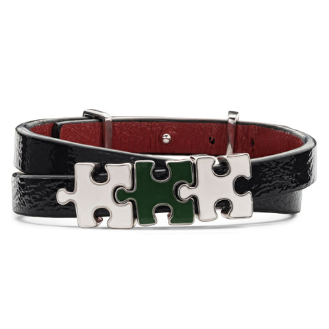 Black Lacquered Women's Genuine Leather Bracelet With White and Green Puzzles Silver Charms | P07-05-07-BKL2