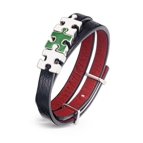 Black Lacquered Women's Genuine Leather Bracelet With White and Green Puzzles Silver Charms | P07-05-07-BKL2