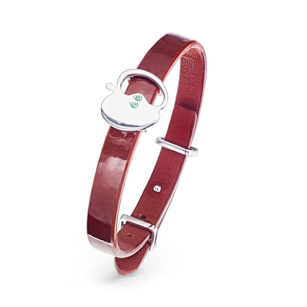 Red Lacquered Women's Genuine Leather Bracelet Eden Apple Emerald Silver Charm | A01-RDL1