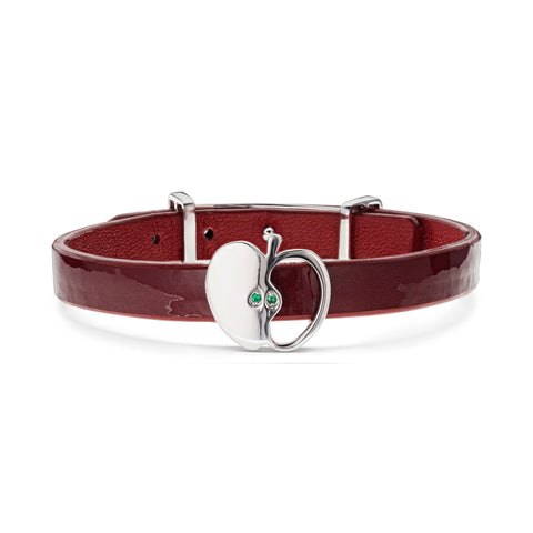 Red Lacquered Women's Genuine Leather Bracelet Eden Apple Emerald Silver Charm | A01-RDL1