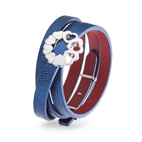 Blue Women's Genuine Leather Bracelet Flower of Love Ruby Silver Charm | F02-BL3