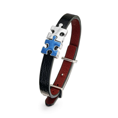 Women's Genuine Leather Bracelet With Silver and Blue Enamel Puzzles Silver Charms | P01-04-BKL1