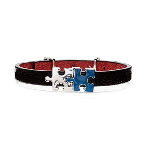 Women's Genuine Leather Bracelet With Silver and Blue Enamel Puzzles Silver Charms | P01-04-BKL1