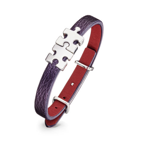 Women's Genuine Leather Bracelet with Silver and White Puzzles Silver Charms | P01-07 PL1