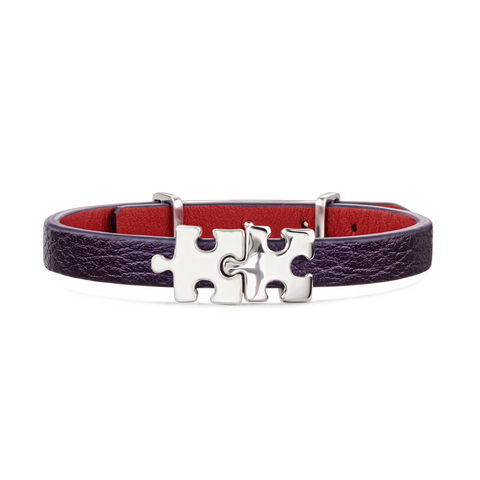 Women's Genuine Leather Bracelet with Silver and White Puzzles Silver Charms | P01-07 PL1