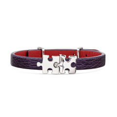 Women's Genuine Leather Bracelet with Silver and White Puzzles Silver Charms | P01-07 PL1