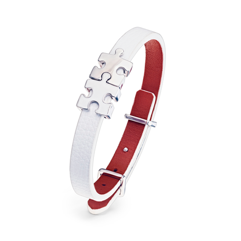 Women's White Genuine Leather Bracelet with Silver and White Enamel Puzzles Charms | P01-07WT1