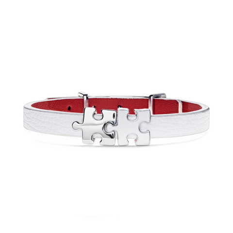 Women's White Genuine Leather Bracelet with Silver and White Enamel Puzzles Charms | P01-07WT1