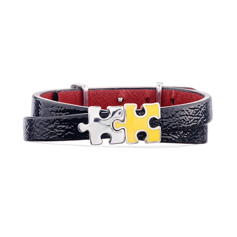 Women's Black Lacquered Genuine Leather Bracelet with Yellow Enamel and Silver Puzzles | P01-08BKL2