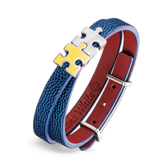 Women's Blue Genuine Leather Bracelet with Silver and Yellow Enamel Silver Puzzle Charms | P01-08BL2