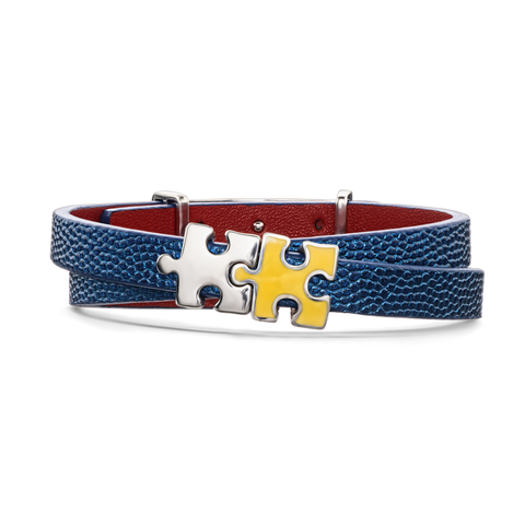 Women's Blue Genuine Leather Bracelet with Silver and Yellow Enamel Silver Puzzle Charms | P01-08BL2