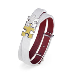 Women's White Lacquered Genuine Leather Bracelet with Yellow Enamel and Silver Puzzles | P01-08WT2