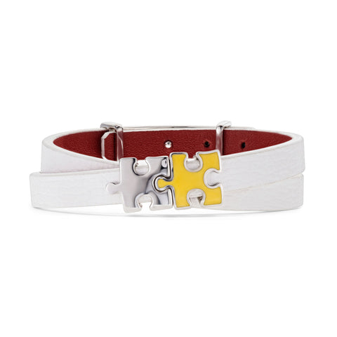 Women's White Lacquered Genuine Leather Bracelet with Yellow Enamel and Silver Puzzles | P01-08WT2