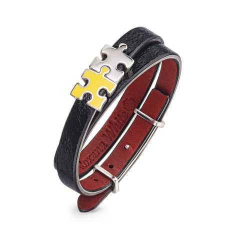 Women's Black Lacquered Genuine Leather Bracelet with Yellow Enamel and Silver Puzzles | P01-08BKL2