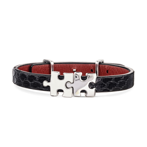 Women's Black Genuine Leather Bracelet wit White Enamel Silver Puzzle Charm | P01-07BKP1