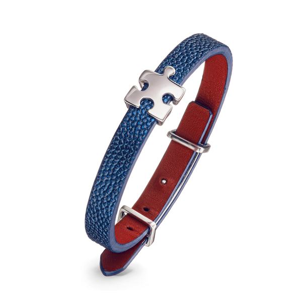 Women's Blue Genuine Leather Bracelet with Silver Puzzle Charms | P01BL1