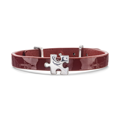 Women's Red Lacquered Genuine Leather Bracelet with Silver Puzzle Charm | P01-RDL1