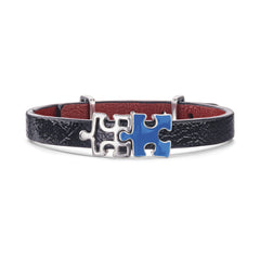 Women's Genuine Leather lacquer Bracelet with Blue Enamel Silver, Enigma Silver and Silver Puzzles | P02-04BKL1