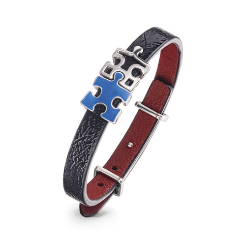 Women's Genuine Leather lacquer Bracelet with Blue Enamel Silver, Enigma Silver and Silver Puzzles | P02-04BKL1