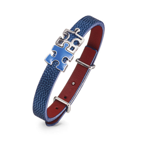 Women's Blue Genuine Leather Bracelet with Enigma Silver and Blue Enamel Puzzle Charms | P02-04BL1