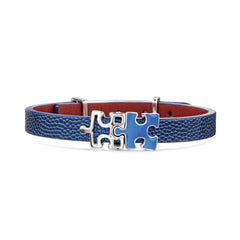 Women's Blue Genuine Leather Bracelet with Enigma Silver and Blue Enamel Puzzle Charms | P02-04BL1