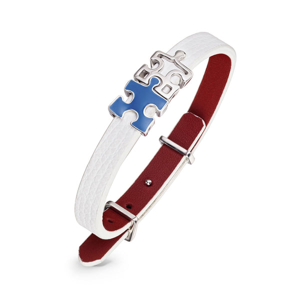 Women's Blue Genuine Leather Bracelet with Enigma Silver and Blue Enamel Puzzle Charms | P02-04WT1