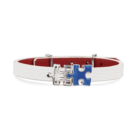 Women's Blue Genuine Leather Bracelet with Enigma Silver and Blue Enamel Puzzle Charms | P02-04WT1