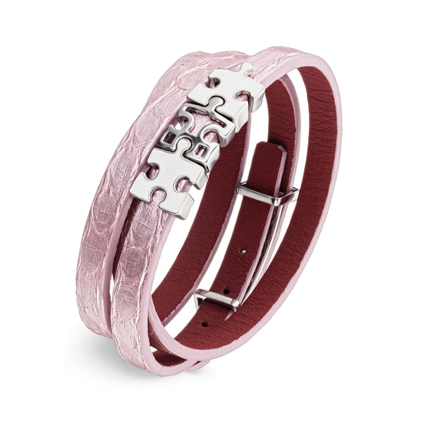 Women's Pink Genuine Python Skin Leather Bracelet with Enigma Silver and White Enamel Puzzles Charms | P07-02-02PKP3