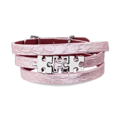 Women's Pink Genuine Python Skin Leather Bracelet with Enigma Silver and White Enamel Puzzles Charms | P07-02-02PKP3