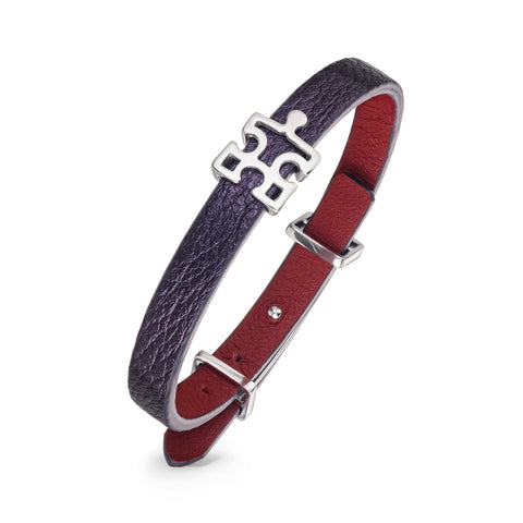 Women's Purple Genuine Leather Bracelet with Enigma Silver Puzzle Charm | P02-PL1