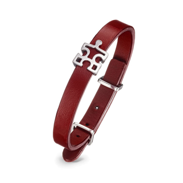 Women's Red Genuine Leather Bracelet with Enigma Silver Puzzle Charm | P02-RD1