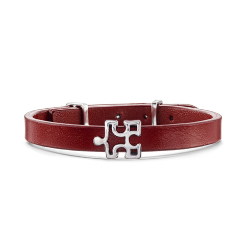 Women's Red Genuine Leather Bracelet with Enigma Silver Puzzle Charm | P02-RD1