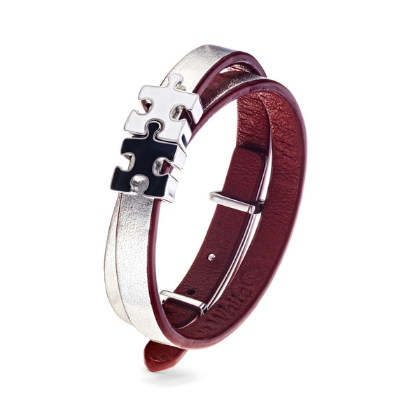 Women's Silver Genuine Leather Bracelet with Black and White Enamel Silver Puzzles Charms | P03-07SR2