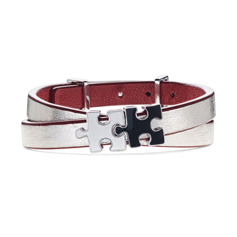 Women's Silver Genuine Leather Bracelet with Black and White Enamel Silver Puzzles Charms | P03-07SR2