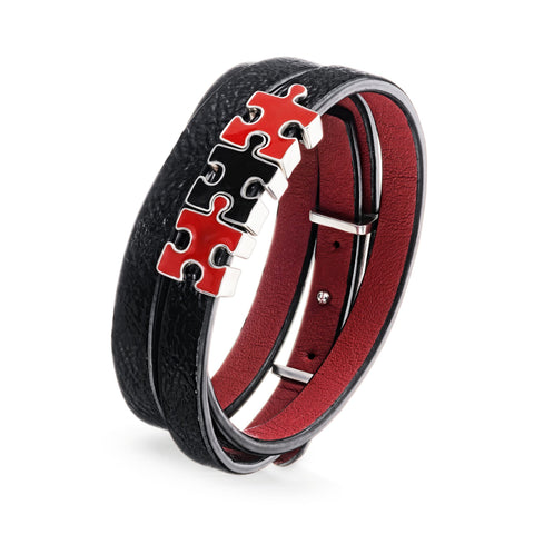 Women's Black Lacquered Genuine Leather Bracelet with Red and Black Silver Puzzle Charms | P06-03-06BKL3