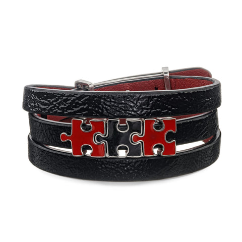 Women's Black Lacquered Genuine Leather Bracelet with Red and Black Silver Puzzle Charms | P06-03-06BKL3