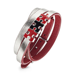 Women's Silver Genuine Leather Bracelet with Red and Black Silver Puzzles Charms | P06-03-06SR3