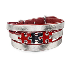 Women's Silver Genuine Leather Bracelet with Red and Black Silver Puzzles Charms | P06-03-06SR3