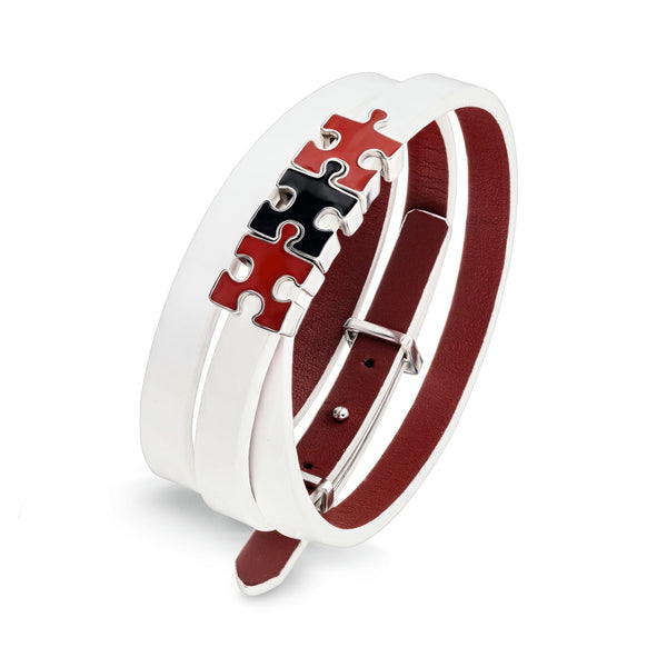 Women's White Lacquered Genuine Leather Bracelet with Red and Black Puzzles Charms | P06-03-06WTL3