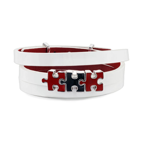 Women's White Genuine Leather Bracelet with Red and White Enamel Silver Puzzles Charms | P06-07WT2